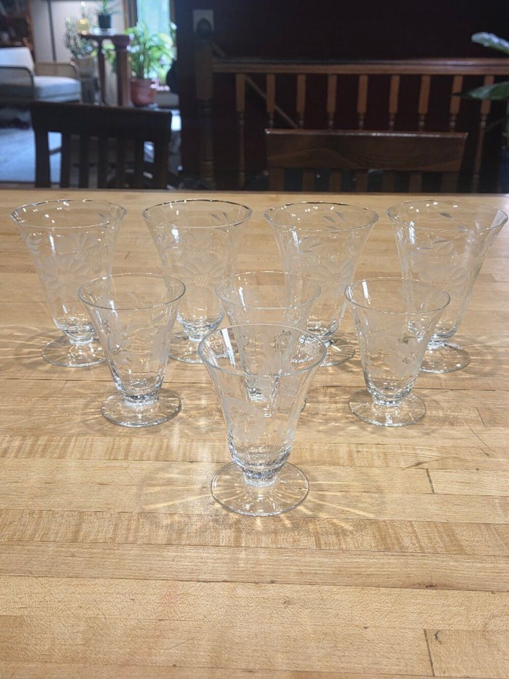 Vintage WJ Hughes Cornflower Etched Footed Glassware Set of 8